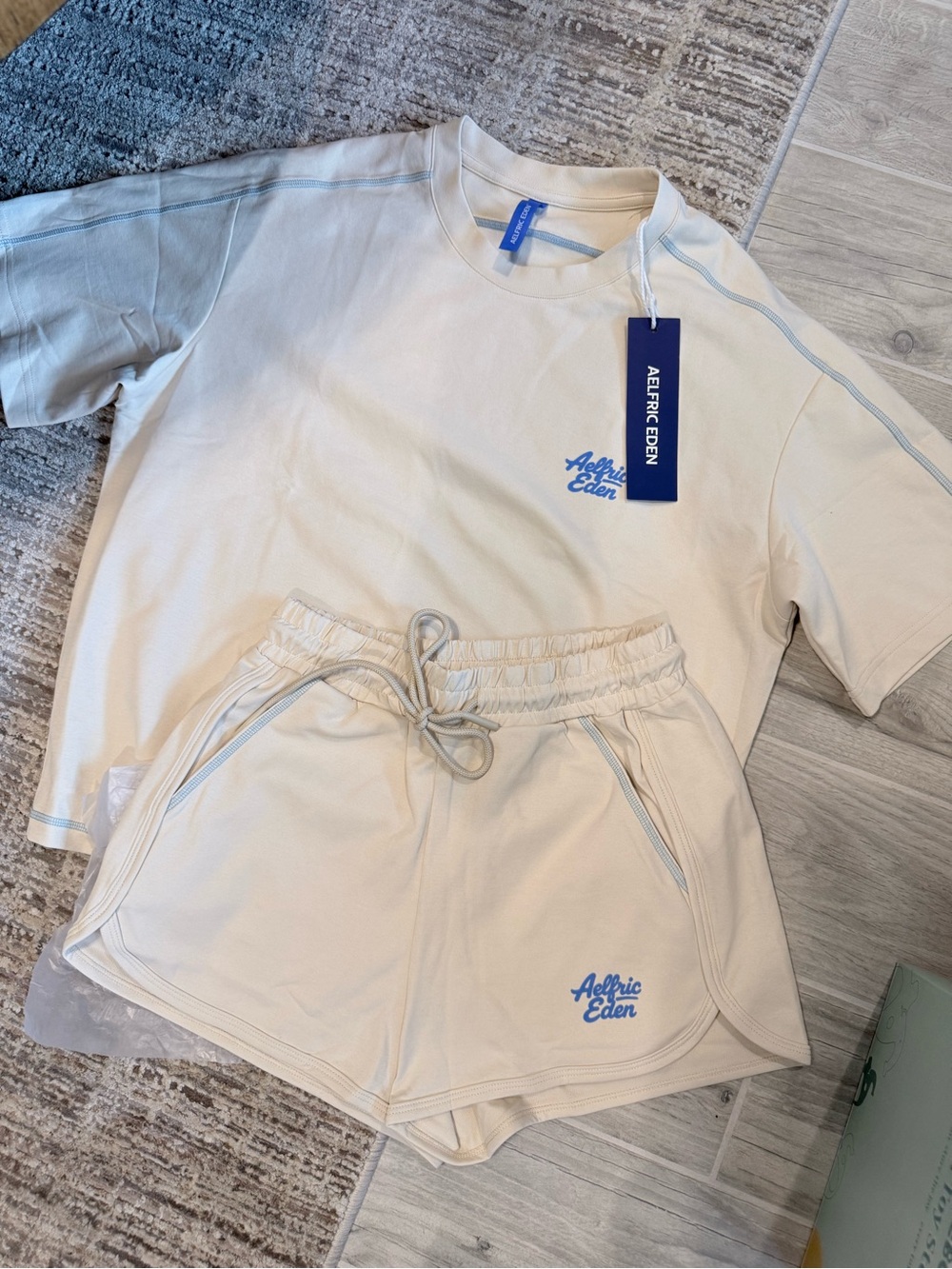 Aelfric Eden Cream Lounge Tee & Shorts with Light Blue Logo